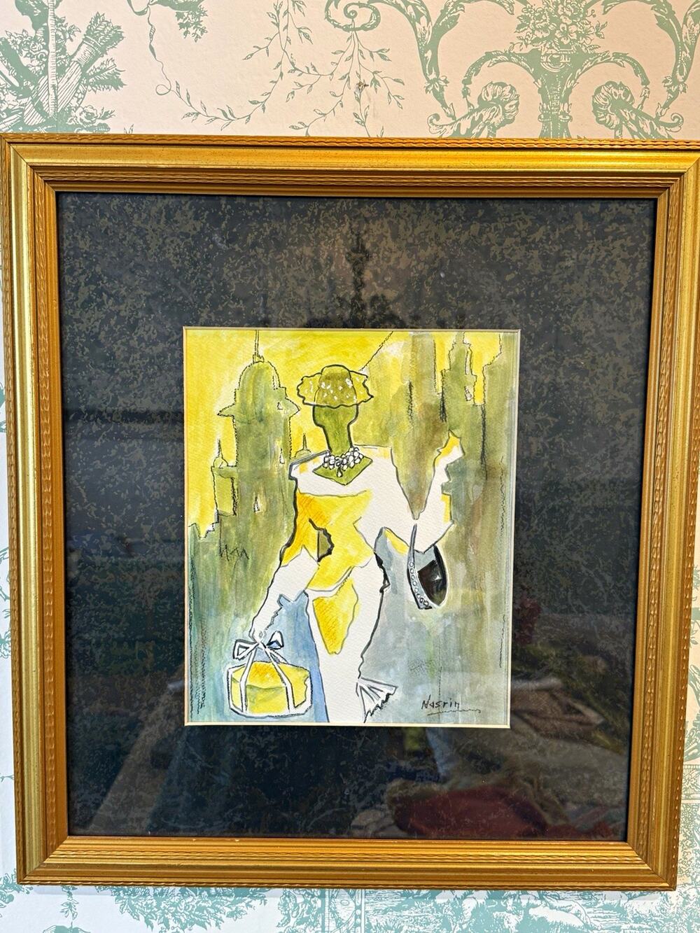 Vintage Mid Century Original Watercolor Fashion Illustration Signed Nasrin Frame